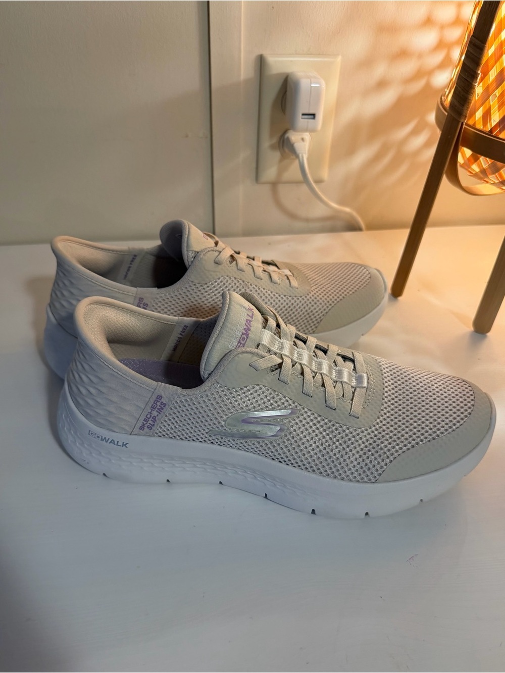 Skechers Mesh Walking Sneakers in Light Gray with Lilac Details